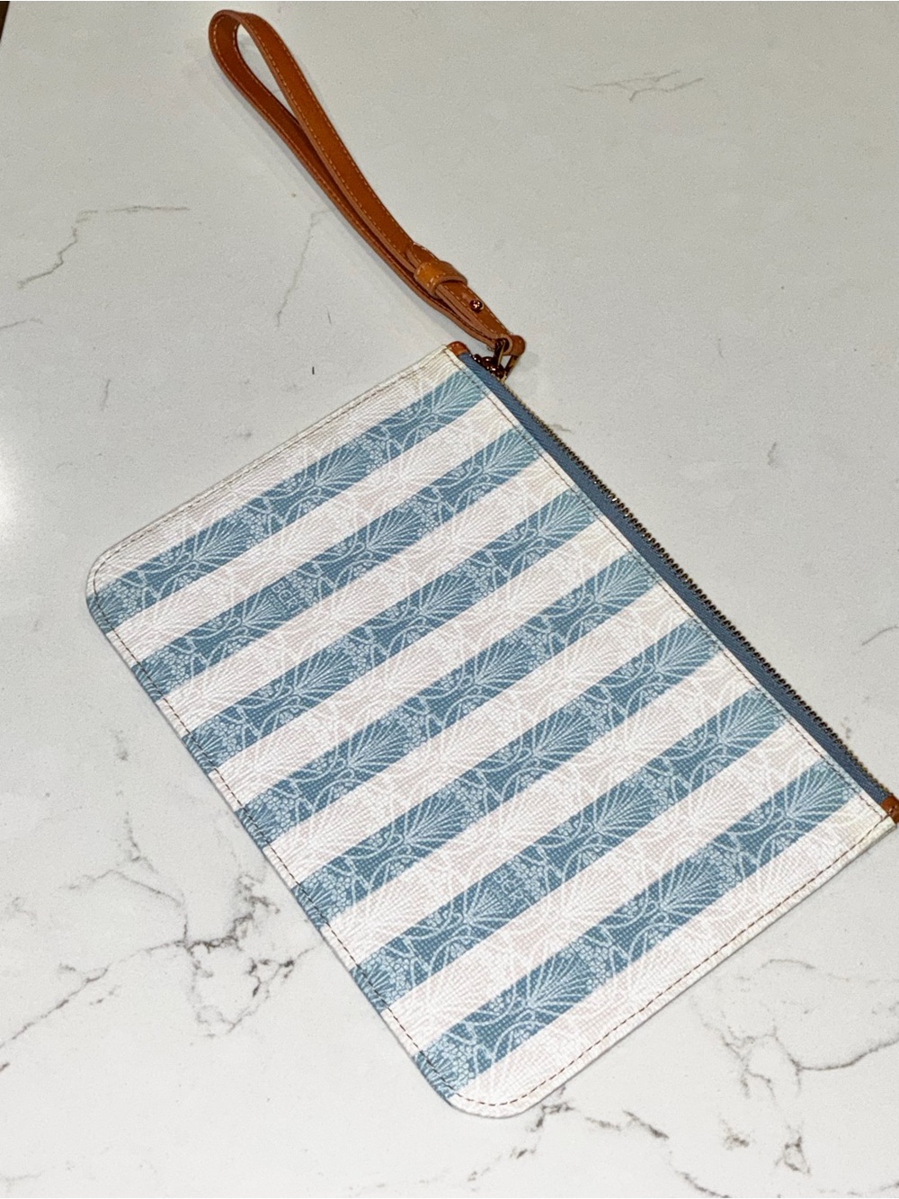 Liberty London Iphis Stripe Blue Coated Canvas Leather Medium Wristlet